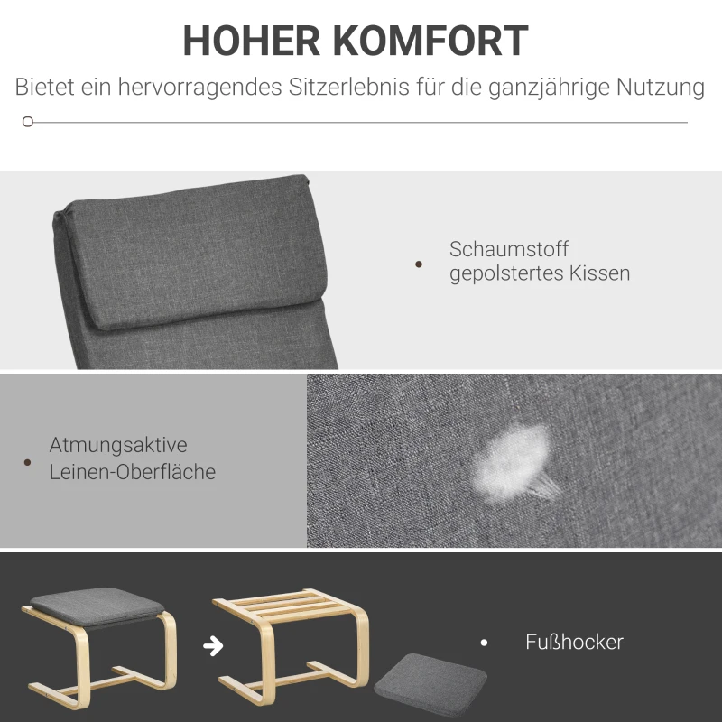 HOMCOM Fauteuil met voetenbank, fauteuilset, linnenlook, massief hout, grijs+naturel(m-4)