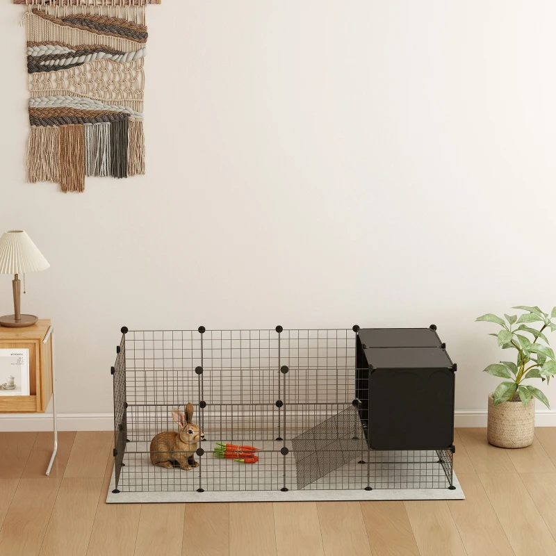 PawHut DIY Small Animal Cage with Elevated Huts, C&C Cage for Guinea Pigs, Hedgehogs, Rabbits, 31 Panels, Black