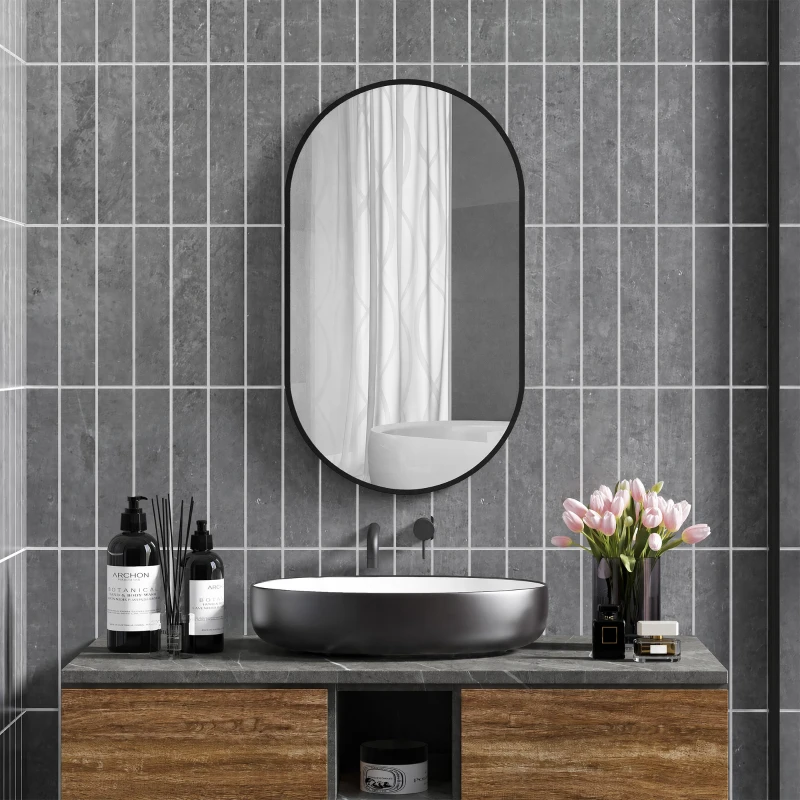 HOMCOM Espejo de Baño Ovalado 40x70 cm Espejo Decorativo de Pared con Marco de Aluminio para Salón Horizontal o Vertical Negro