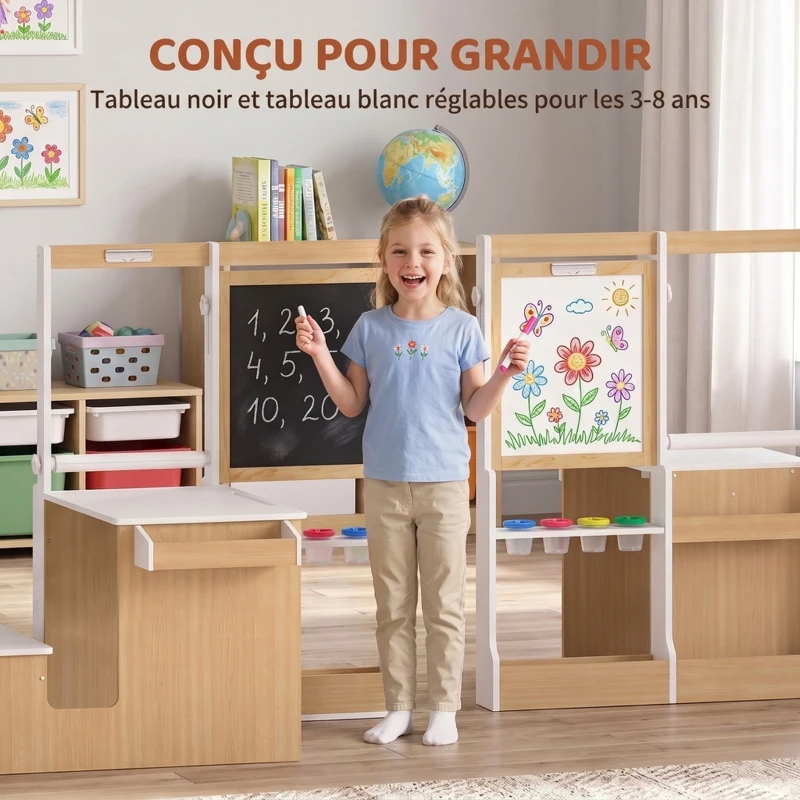 AIYAPLAY Ensemble Table pour Enfant avec Banc en Bois 5-en-1 avec Chevalet, Tableau Noir et Blanc Double Face, 3-8 Ans, Blanc