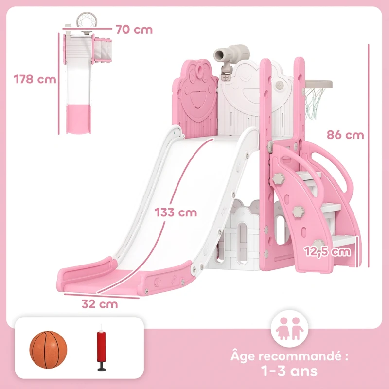 AIYAPLAY Toboggan pour tout-petits 5 en 1 toboggan autoportant pour enfant avec panier de basket, télescope, 178x70x86cm, jaune