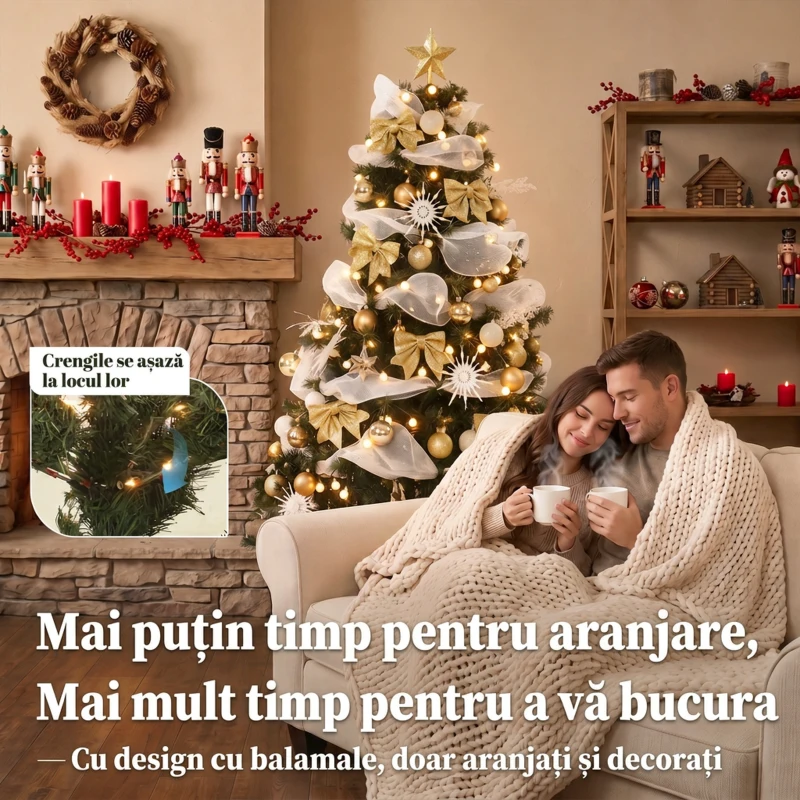 HOMCOM Brad de Crăciun 180 cm cu 200 LED-uri Alb Cald, 8 Moduri, 800 Crenguțe Ignifuge, Globuri, Panglici și Funde