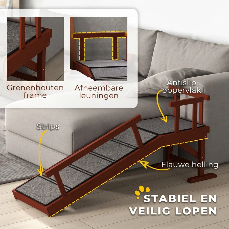 PawHut Huisdierloopplank, Afneembare Leuningen, Antislip, Grenenhout, tot 30 kg, 125x40x56cm, Bruin/Grijs(m-5)