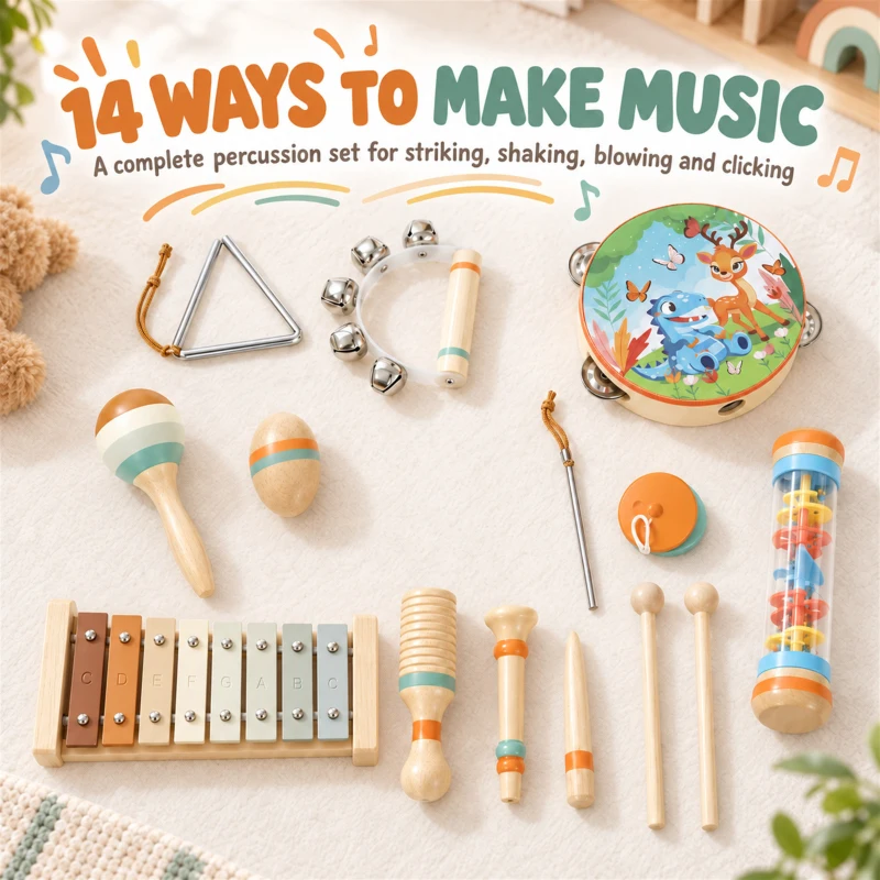 AIYAPLAY Kids Drum Kit, 14 Pieces Wooden Kids Musical Instruments Set with Tone Block, Maracas, Triangle, Xylophone for Toddlers