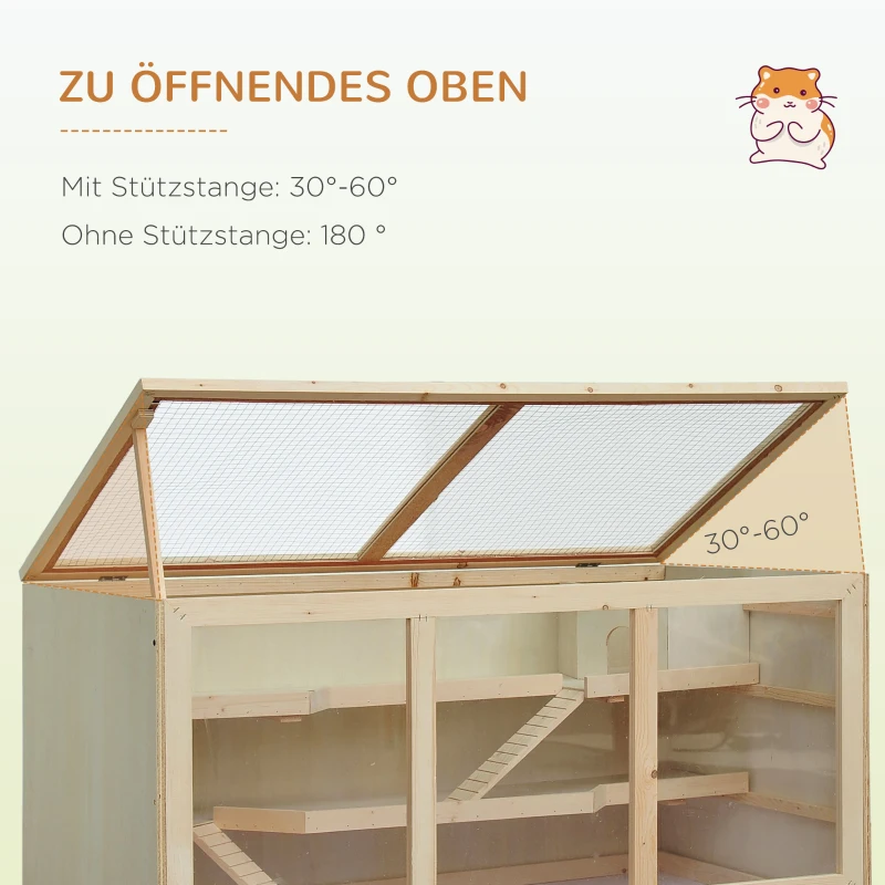 PawHut hamsterkooi, knaagdierenkooi, muizenkooi met trappetjes, drie verdiepingen massief hout PVC naturel(m-6)
