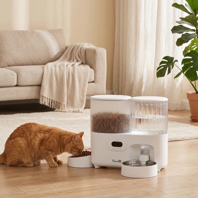 PawHut Comedero Automático para Gatos/Perros con Dispensador de Agua 2 en 1 5L Comida y 4L Agua con Temporizador Cuencos Inox