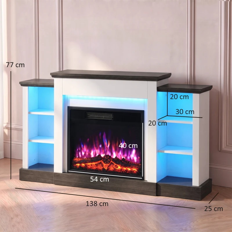 HOMCOM Electric Fireplace TV Stand 138cm, LED Strips, Adjustable Flame Effect, 6 Shelves, Entertainment Center Console Table