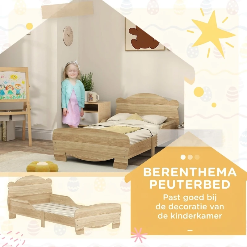 AIYAPLAY Kinderbed Huisbed met Berenontwerp - Speelbed voor Kinderen 3-6 Jaar 143,5 x 80 x 55 cm Natuurhout