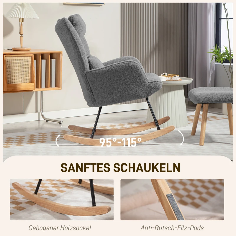 HOMCOM Schommelstoel met Voetenbank, zachte Fleece Bekleding, Houten Poten, Kussen, Hoge Rugleuning, Schommelstoel, Donkergrijs