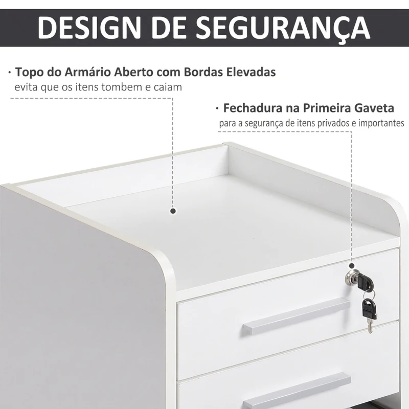 HOMCOM Gaveteiro de Secretária com Rodas e 3 Gavetas, Fechadura e 2 Chaves, Barras Ajustáveis para Arquivos, 39,2x40x65,4 cm, Branco