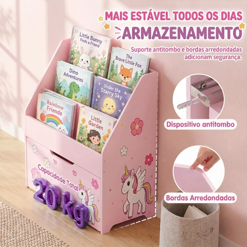 AIYAPLAY Estante Infantil para Livros com Gaveta Móvel e 3 Prateleiras, Design Unicórnio, Montessori, 3-8 Anos, Rosa