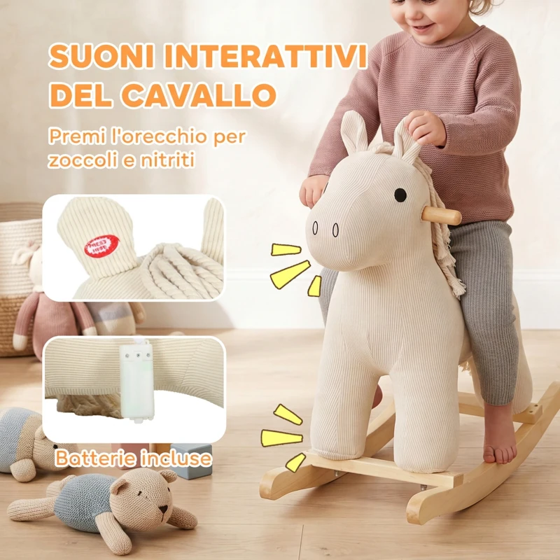 AIYAPLAY Cavallo a Dondolo per Bambini 18-36 Mesi in Velluto a Coste con Suoni e Base in Legno di Pioppo, Bianco