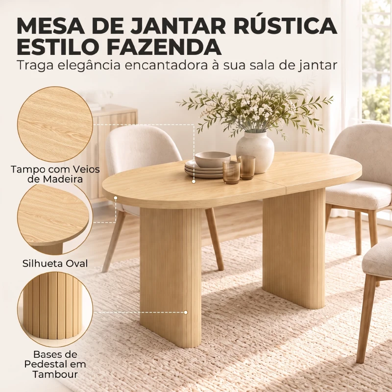 HOMCOM Mesa de Jantar Oval Rústica para 4 Pessoas com Tampo Grosso e Pés Tipo Tambor, 120x60x76 cm, Carvalho
