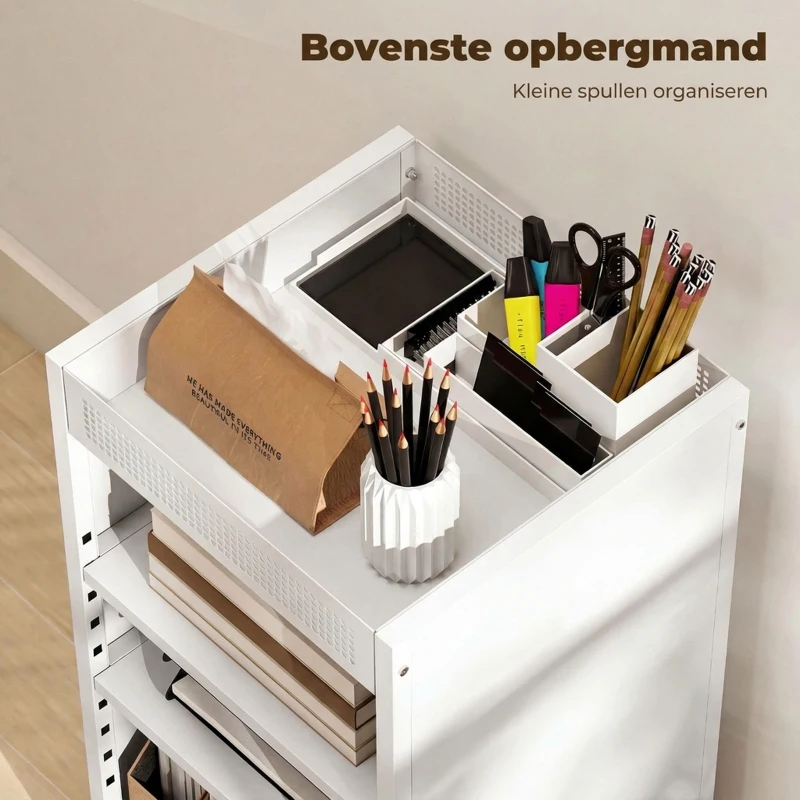 HOMCOM Boekenrek mobiel met verstelbare planken, 3-lagen rolwagen met bovenste mand, wit