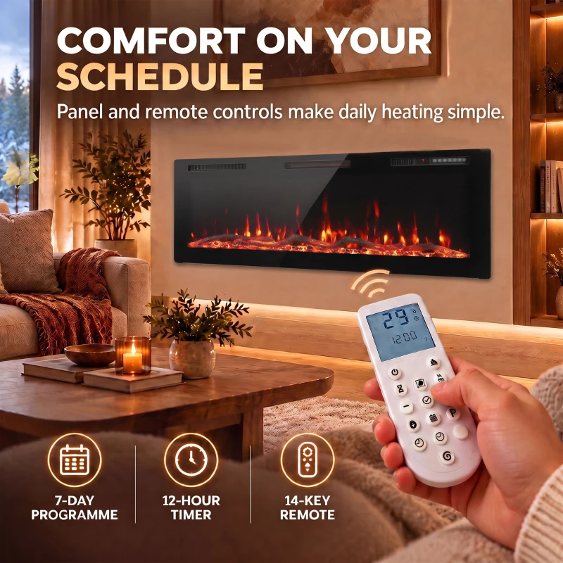 HOMCOM 3 IN 1 Slim Electric Fire, Wall Mounted/Recessed/Freestanding, Electric Fireplace with 12 Flame Colours, 5 Brightness