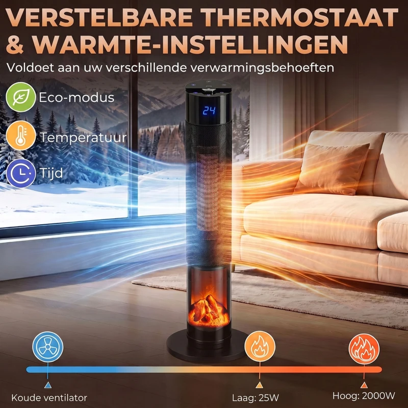 HOMCOM Keramische kachelventilator 2000 W met thermostaat, 3D-vlameffect, elektrische verwarming en afstandsbediening, zwart