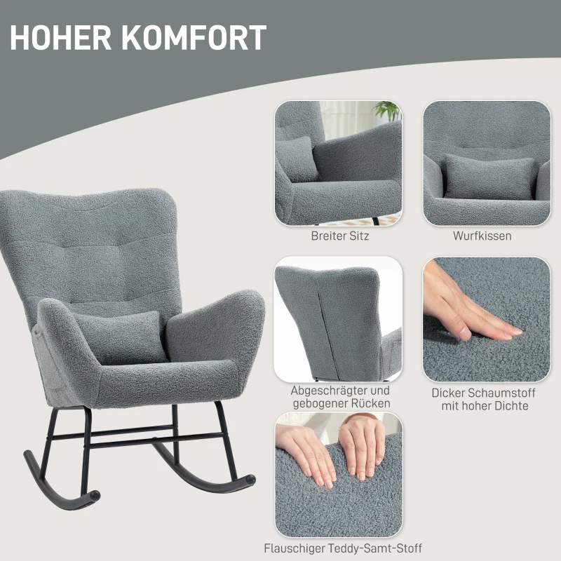 HOMCOM Schommelstoel, Pluizige Bekleding, Lendekussen, Antislip, Tot 120 kg, Grijs(m-5)