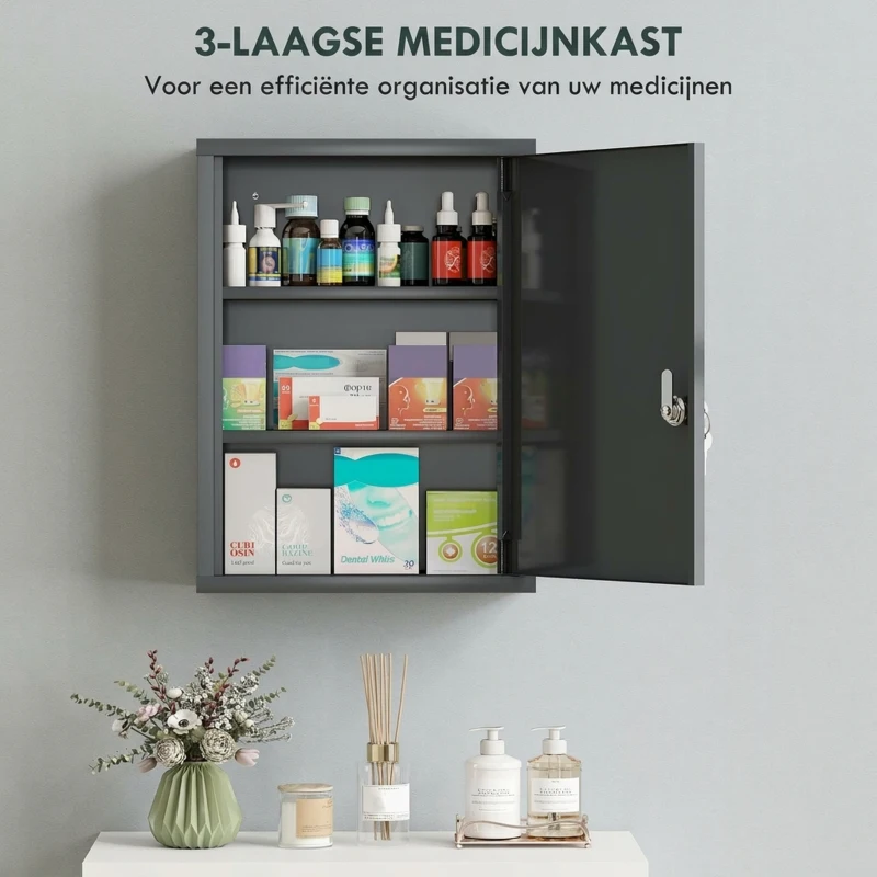 kleankin Medicijnkast voor wandmontage met slot, 3-niveaus stalen hangkast, 40 x 15 x 53,5 cm, Antracietgrijs