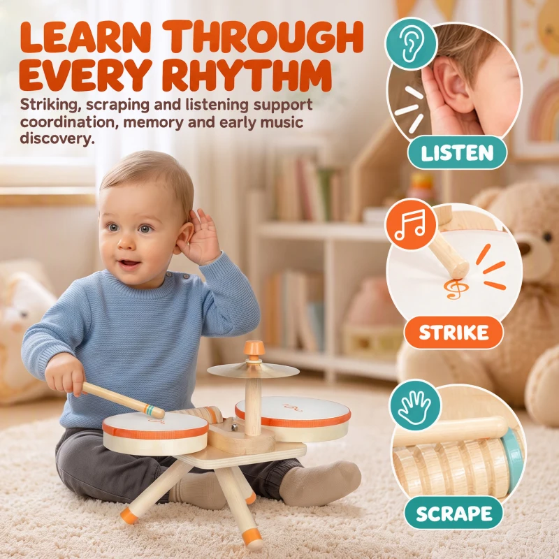 AIYAPLAY Kids Drum Kit, Wooden Musical Instruments with 2 Drums, Cymbal, Scraper, 2 Mallets for Toddlers, Music Learning, Natural