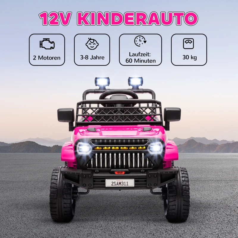 AIYAPLAY Elektrische kinderauto 12V met 2,4 GHz afstandsbediening, 2 motoren, claxon, LED, muziek voor 3-8 jaar Roze(m-4)