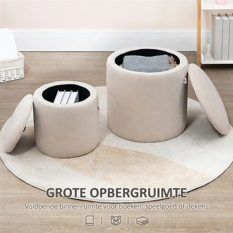 HOMCOM Ottoman Krukken, Tweedelige Set, met Opbergruimte, Zachte Vulling, Corduroy Look, Crèmewit, 40 x 40 x 41cm
