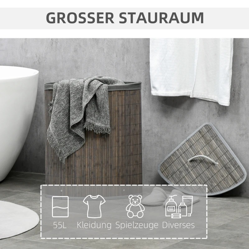 HOMCOM 55 L Wasmand met Deksel, Handvat, Wasklerensorteerder met Uitneembare Waszak voor Badkamer, Bamboe, Grijs
