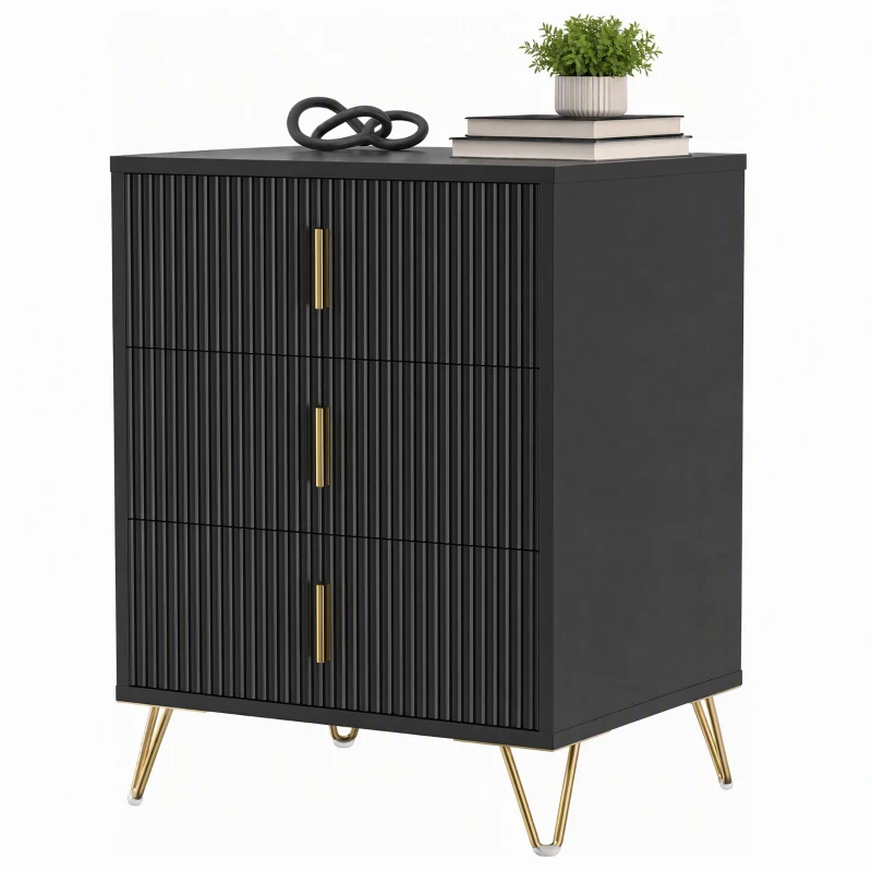 HOMCOM Modern 3-Drawer Dresser, Fluted Bedroom Dresser Chest of Drawers with Metal Legs and Steel Handles for Bedroom, Black