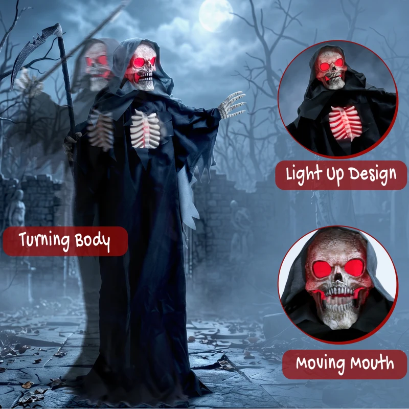 HOMCOM 170cm Life Size Animated Grim Reaper Halloween Decoration, Scary Halloween Animatronics Decor with Sound Touch Activated