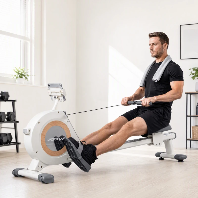 SPORTNOW Rameur magnétique 16 niveaux avec écran LCD et support de téléphone, rangement vertical, pour l'entraînement à domicile
