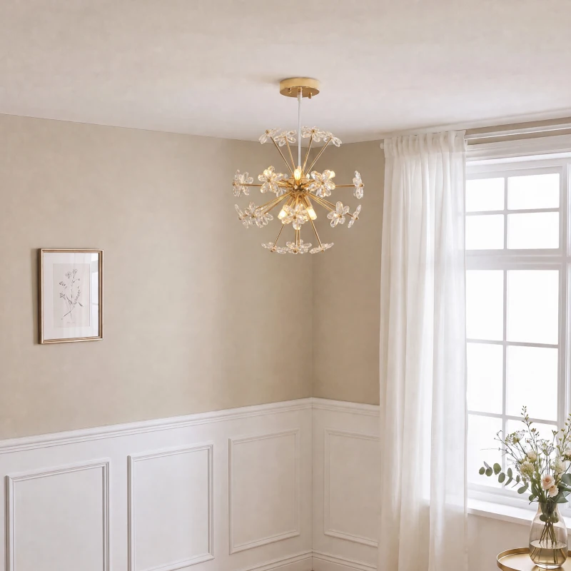 HOMCOM Crystal Chandeliers Ceiling Light with Flower, Modern Pendant Light with Adjustable Height, Ceiling Plate, Clear