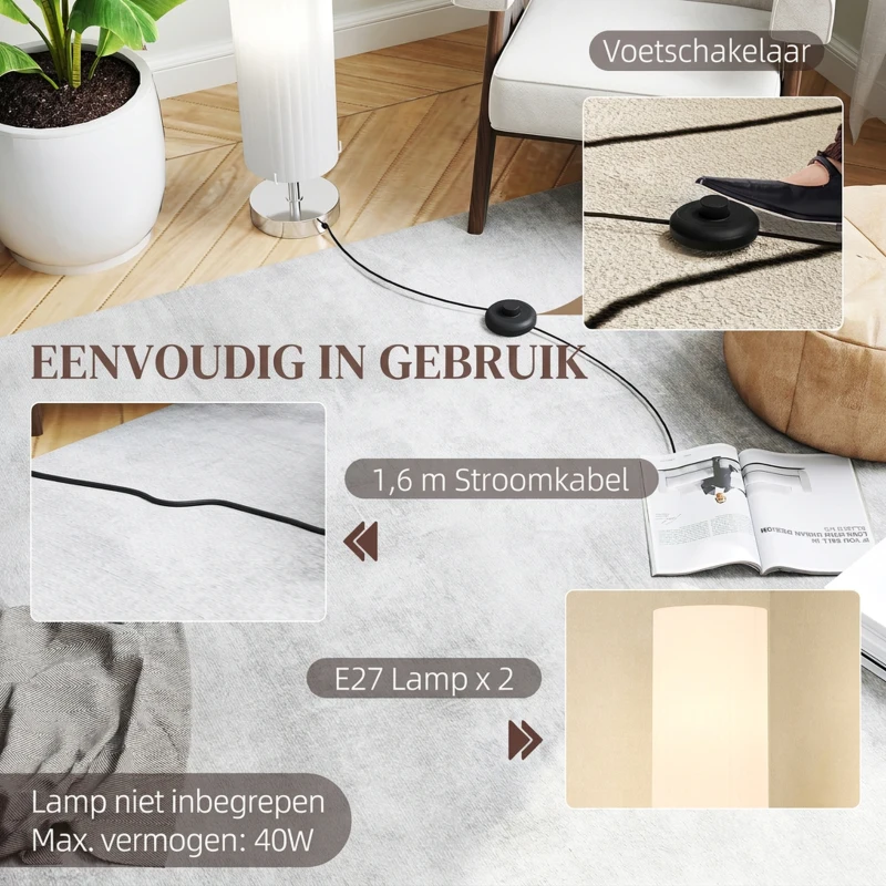 HOMCOM Staande lamp woonkamer met polyester kap, 2 x E27-fitting voor slaapkamer 14 x 14 x 120 cm