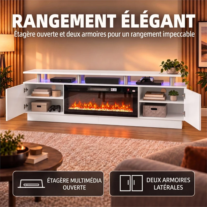 HOMCOM Meuble TV avec Cheminée Électrique 203cm avec Éclairage LED Fausse Cheminée Décorative 900/1800W Effet Flamme 3D Blanc