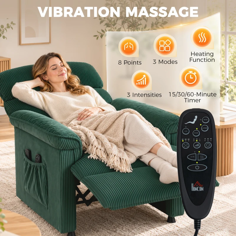 HOMCOM Corduroy Electric Recliner Armchair with Massage and Heat - Green