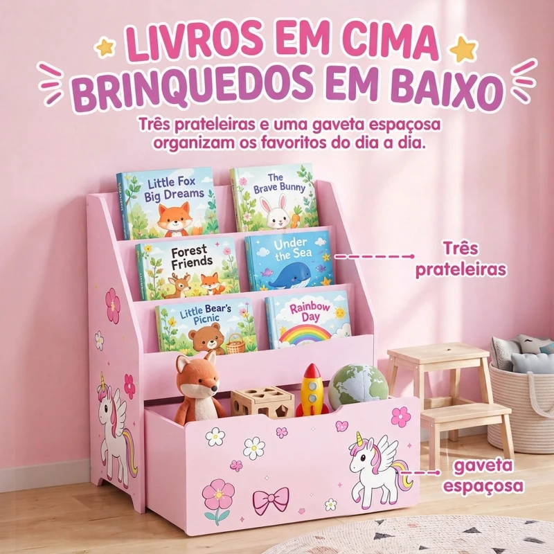 AIYAPLAY Estante Infantil para Livros com Gaveta Móvel e 3 Prateleiras, Design Unicórnio, Montessori, 3-8 Anos, Rosa
