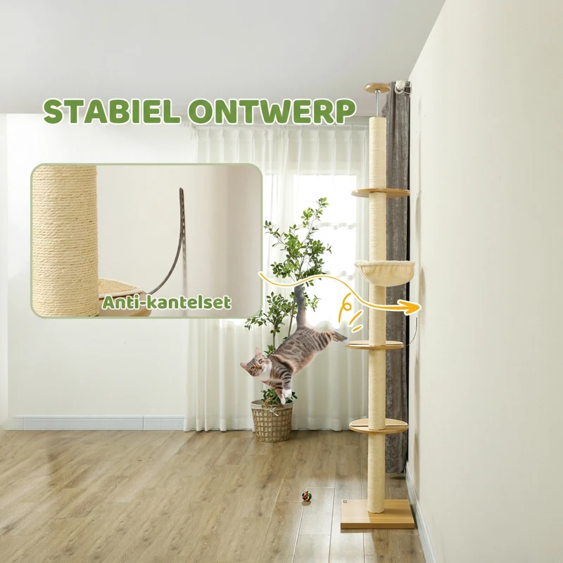 PawHut Plafondhoge krabpaal, anti-kantelbeveiliging, sisaltouwpaal, houtmateriaal, Eik+Crèmewit