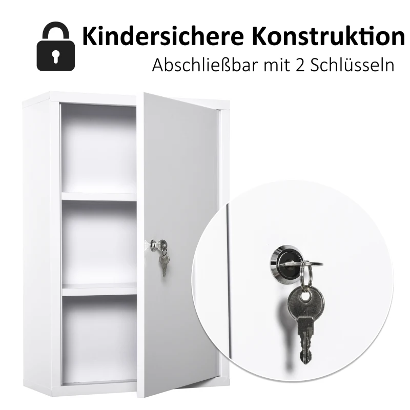 kleankin Medicijnkastje met Slot 3 Schappen Staal Wit 40 x 18 x 60 cm(m-4)