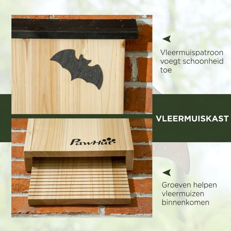 PawHut Set van 3 weerbestendige vleermuishokken, tot 3 vleermuizen per huis, behandeld dennenhout, natuurlijk+ zwart