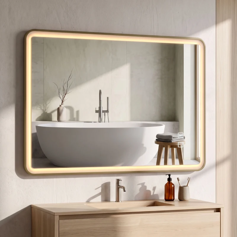 HOMCOM Bathroom Mirror with LED Lights, 100x70cm Rectangle Bathroom Mirror, Dimmable, Bluetooth, Anti-Fog, Gold Tone