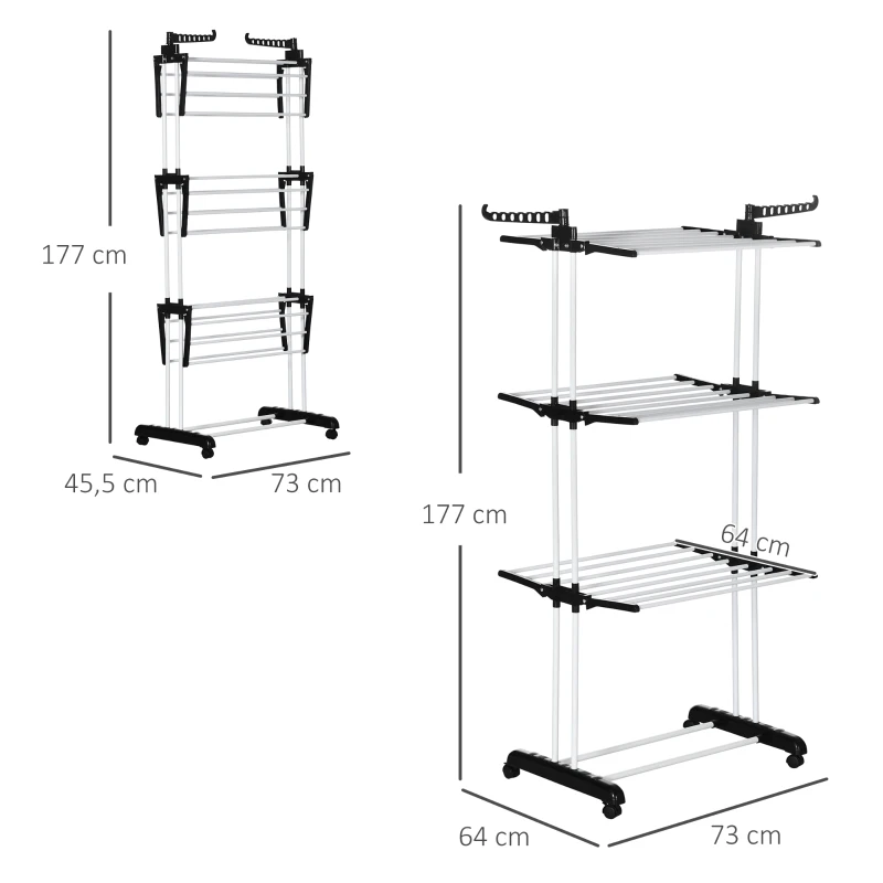 HOMCOM Wasdroogrek, 4 niveaus, inklapbaar, 4 wielen met 2 remmen, metalen frame, Zwart, 73 x 64 x 177cm(m-3)