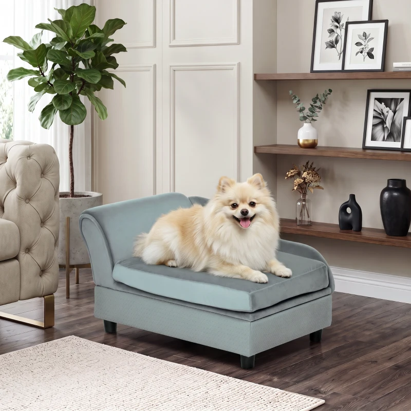 PawHut Canapé Chien Chat sur Pied avec Coffre de Rangement Style Moderne Coussin d'assise Amovible Grand Confort 76 x 45 x 43 cm gris clair