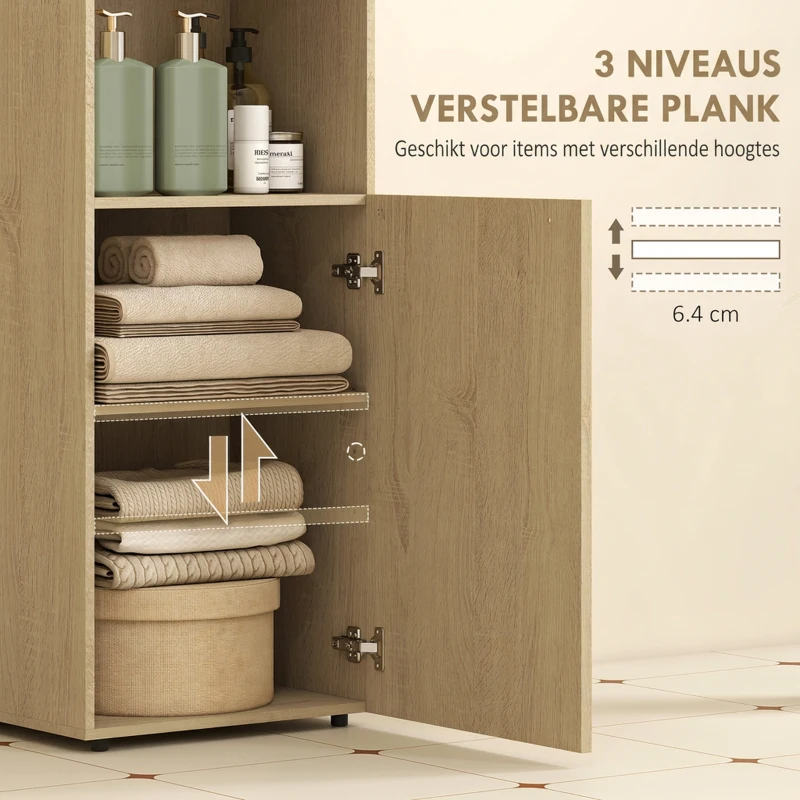 HOMCOM Badkamerkast Niskast met deur, open vak, verstelbare plank, badkamerkast, 40 x 31 x 104 cm, gele eik