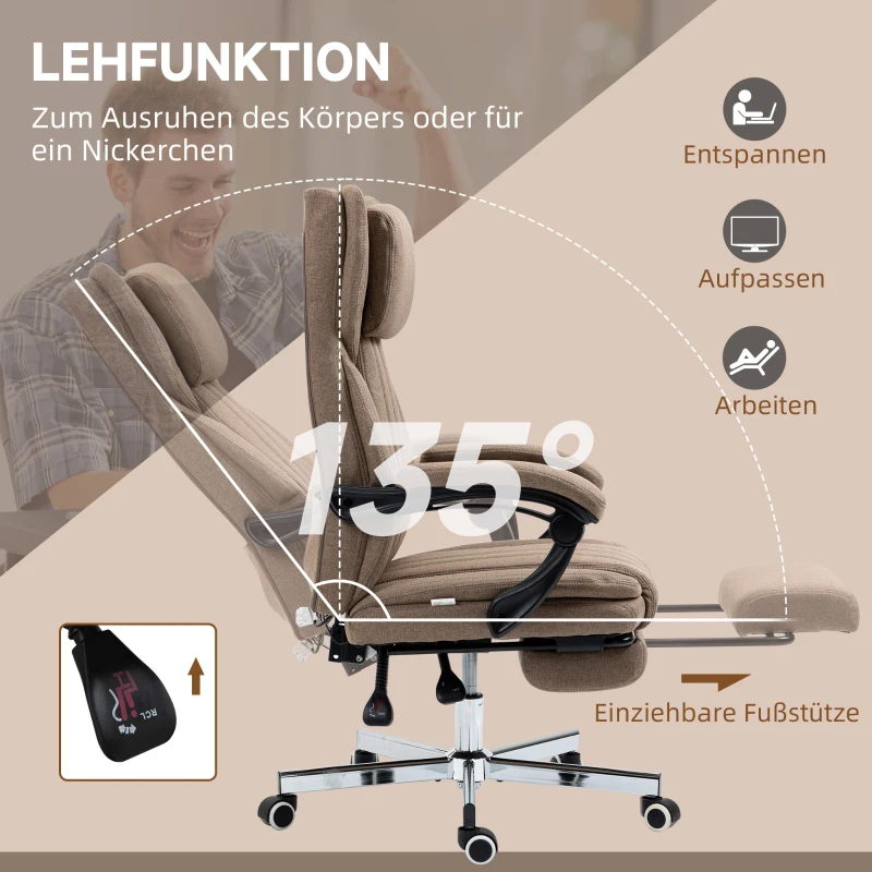 Vinsetto Bureaustoel met Massagefunctie, verstelbare rugleuning, uitschuifbare voetsteun, linnenlook, 65 x 61 x 113 cm, Bruin(m-6)