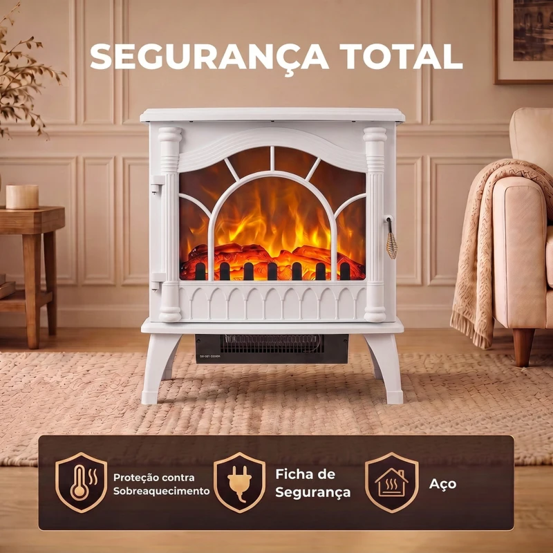 HOMCOM Lareira Elétrica 1000W/2000W com Temperatura Ajustável e Proteção contra Sobreaquecimento 55x31x58 cm Branca