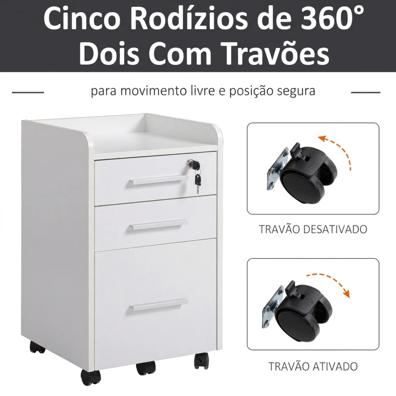 HOMCOM Gaveteiro de Secretária com Rodas e 3 Gavetas, Fechadura e 2 Chaves, Barras Ajustáveis para Arquivos, 39,2x40x65,4 cm, Branco