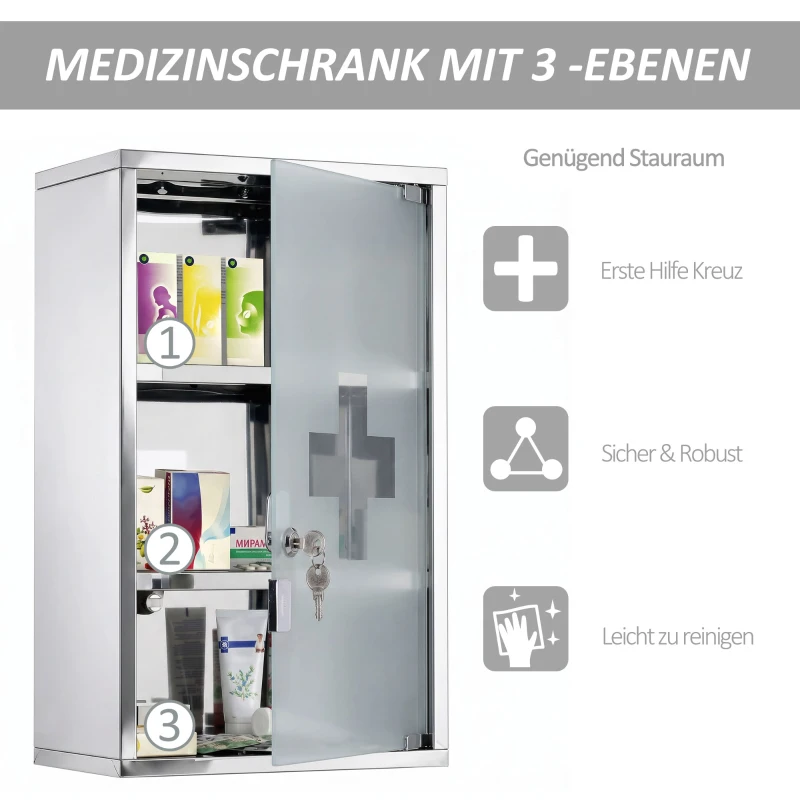 HOMCOM Medicijnkastje medicijnkastje EHBO met slot RVS 30 x 18 x 50 cm