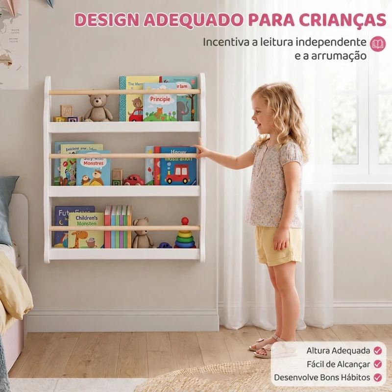 AIYAPLAY Estante de Livros Infantil de Parede com 3 Níveis, para Sala de Brincar, Sala de Estar e Cantinhos de Leitura, Branco, 3-8 Anos