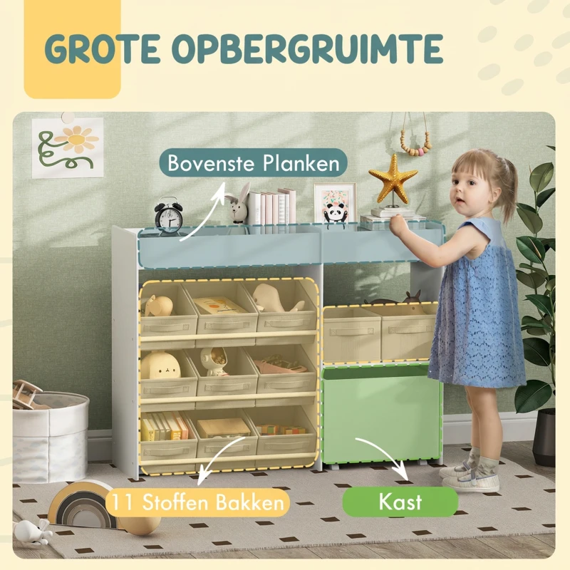 AIYAPLAY Kinderopbergrek, Speelgoedkast voor Kinderen met 11 Stoffen Bakjes, Bovenste Vakken, 3 Stickers, Wit