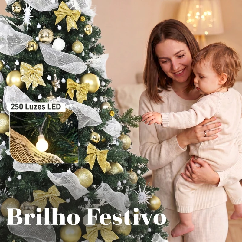 HOMCOM Árvore de Natal Artificial Pré-iluminada 230 cm com 250 Luzes LED, 8 Modos, 1136 Pontas, Comando à Distância, Verde