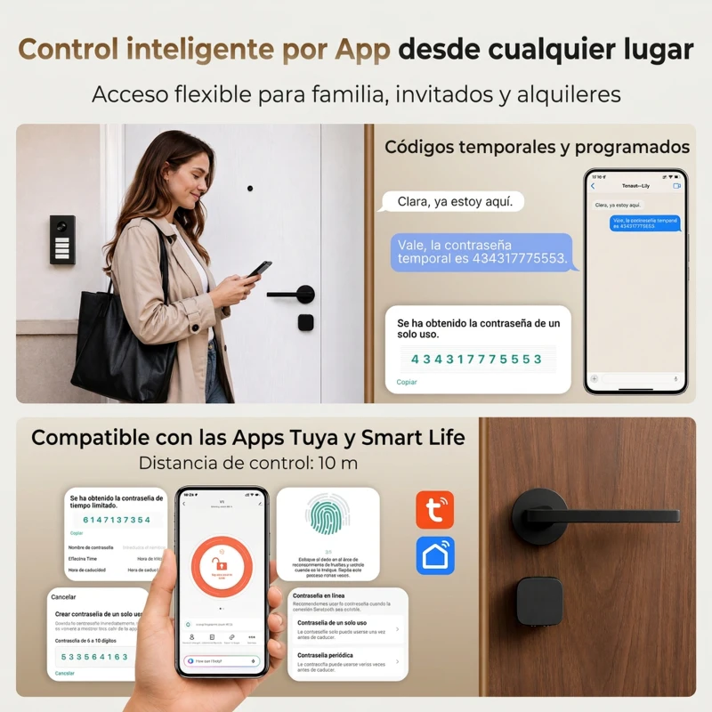 HOMCOM Cerradura Inteligente 5 en 1 con Huella App Tuya Bluetooth Código Tarjeta NFC/RF Llave Códigos Temporales