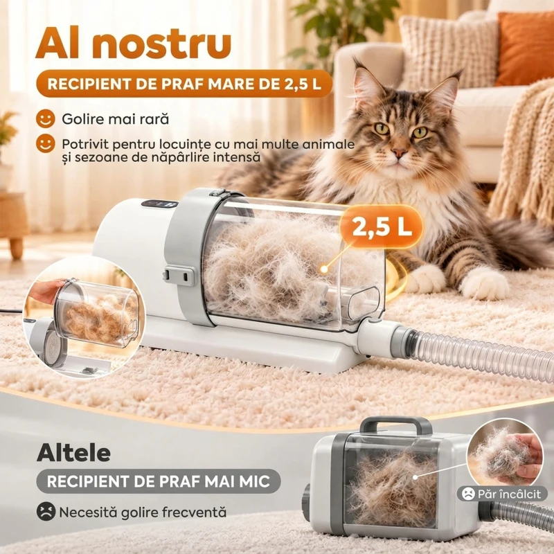 PawHut Kit de Toaletare pentru Câini și Pisici 5 în 1, cu Aspirator 10 kPa, Mașină de Tuns și Perie, Recipient 2,5 L, 3 Viteze, Silențios